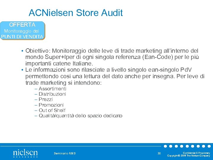 ACNielsen Store Audit OFFERTA Monitoraggio dei PUNTI DI VENDITA • Obiettivo: Monitoraggio delle leve