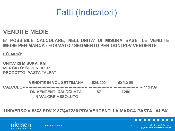Fatti (Indicatori) VENDITE MEDIE E’ POSSIBILE CALCOLARE, NELL’UNITA’ DI MISURA BASE, LE VENDITE MEDIE