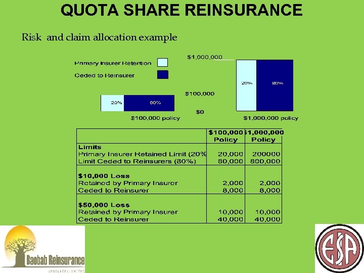 QUOTA SHARE REINSURANCE Risk and claim allocation example 