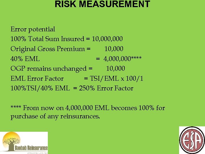 RISK MEASUREMENT Error potential 100% Total Sum Insured = 10, 000 Original Gross Premium