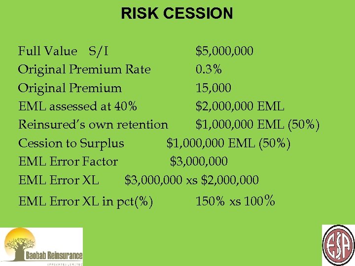 RISK CESSION Full Value S/I $5, 000 Original Premium Rate 0. 3% Original Premium