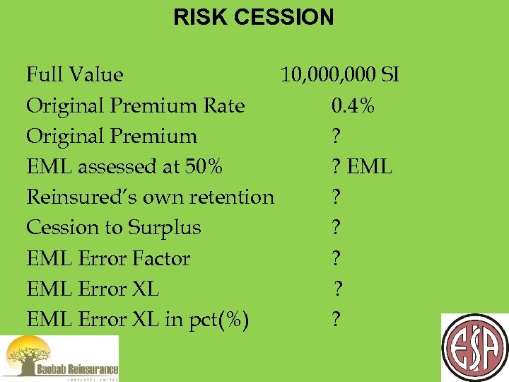 RISK CESSION Full Value 10, 000 SI Original Premium Rate 0. 4% Original Premium