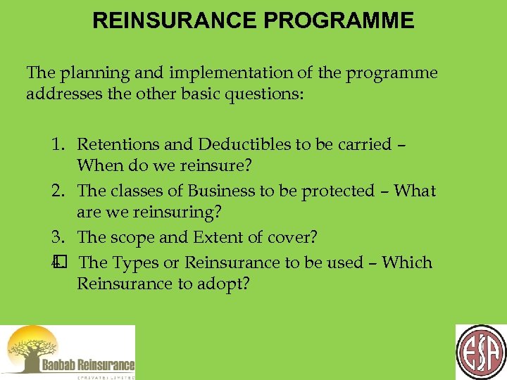 REINSURANCE PROGRAMME The planning and implementation of the programme addresses the other basic questions: