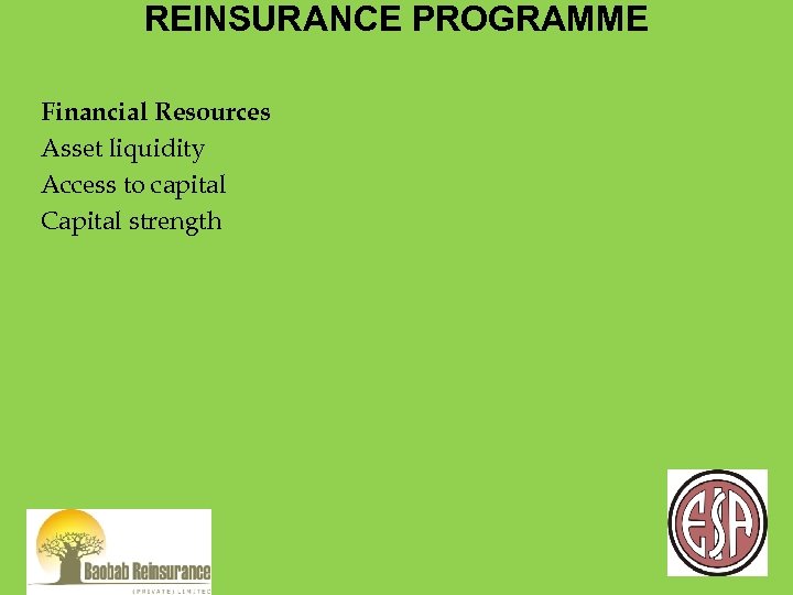 REINSURANCE PROGRAMME Financial Resources Asset liquidity Access to capital Capital strength 