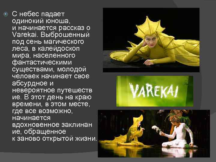  С небес падает одинокий юноша, и начинается рассказ о Varekai. Выброшенный под сень