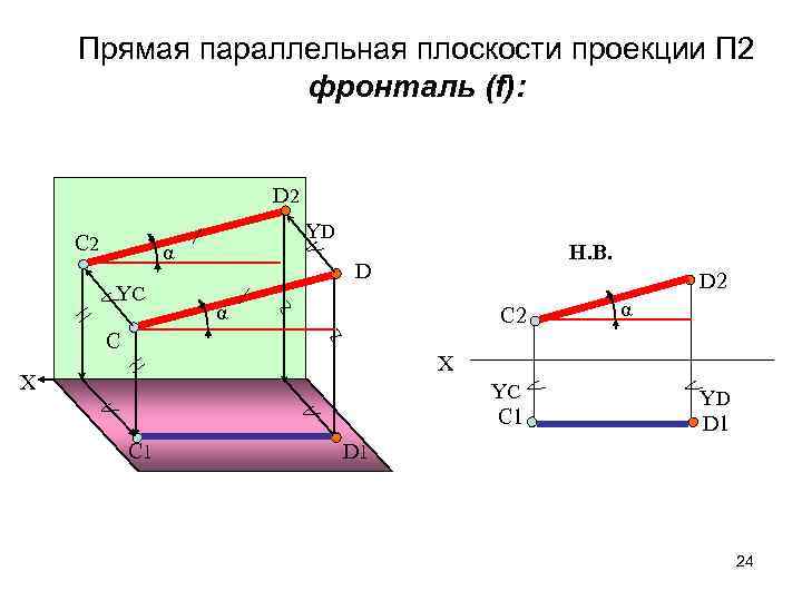 Прямая параллельная плоскости проекции П 2 фронталь (f): D 2 С 2 YD α