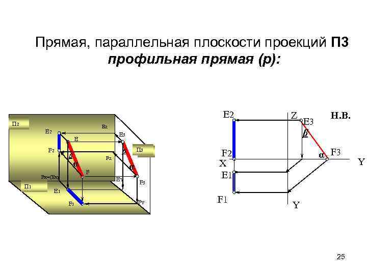 Прямая, параллельная плоскости проекций П 3 профильная прямая (р): E 2 П 2 EZ