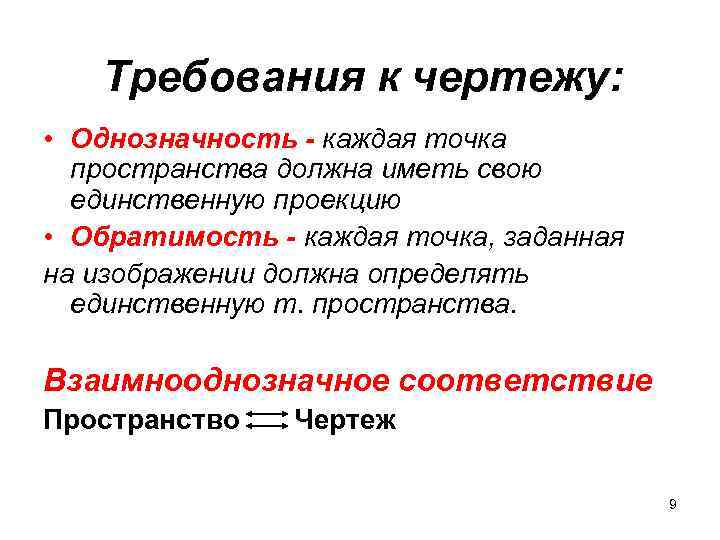 Требования к чертежу: • Однозначность - каждая точка пространства должна иметь свою единственную проекцию