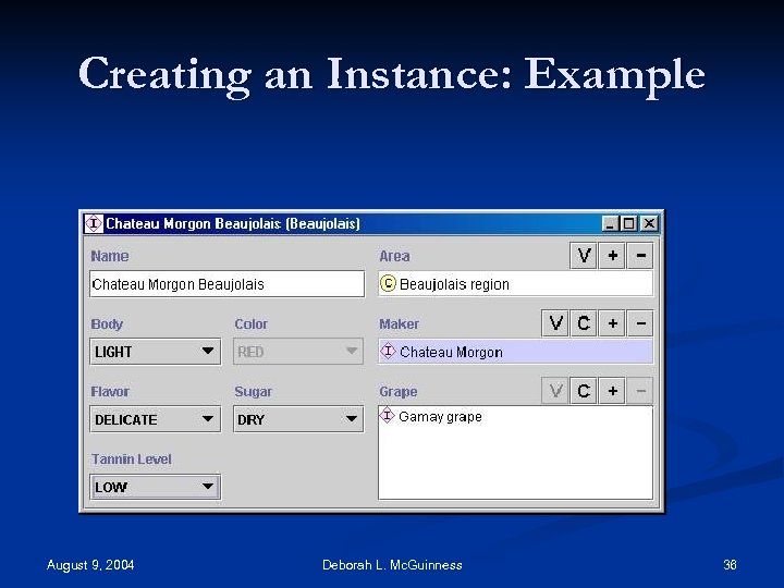 Creating an Instance: Example August 9, 2004 Deborah L. Mc. Guinness 36 