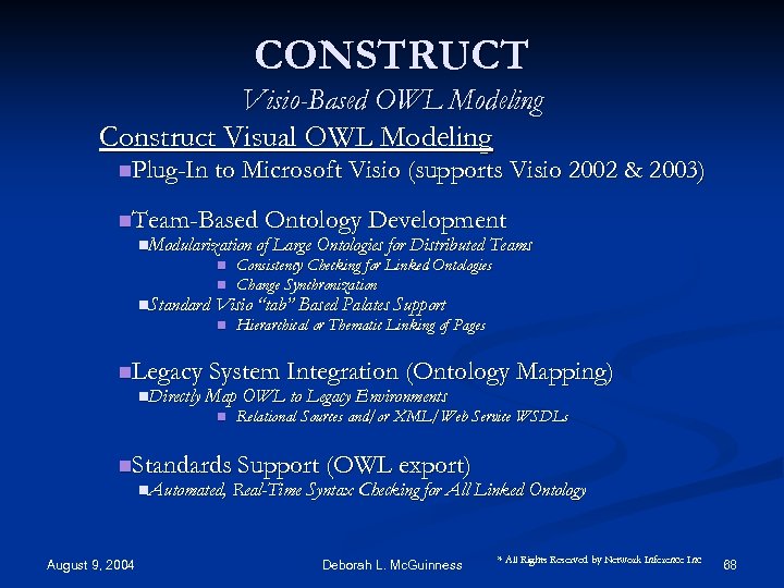 CONSTRUCT Visio-Based OWL Modeling Construct Visual OWL Modeling n. Plug-In to Microsoft Visio (supports