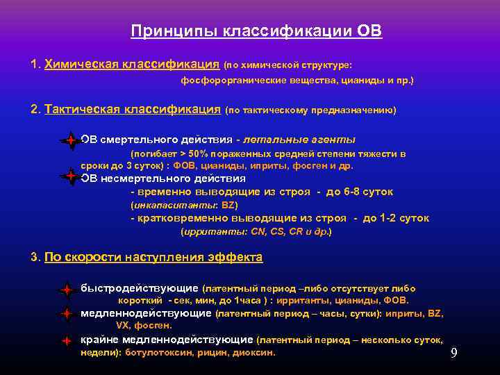 Принципы классификации ОВ 1. Химическая классификация (по химической структуре: фосфорорганические вещества, цианиды и пр.