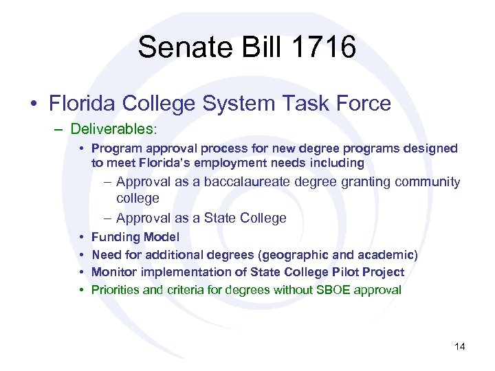 Senate Bill 1716 • Florida College System Task Force – Deliverables: • Program approval