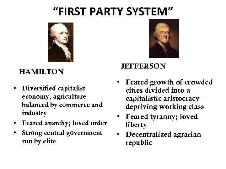 “FIRST PARTY SYSTEM” HAMILTON • Diversified capitalist economy, agriculture balanced by commerce and industry