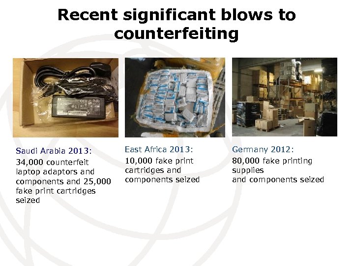 Recent significant blows to counterfeiting Saudi Arabia 2013: 34, 000 counterfeit laptop adaptors and