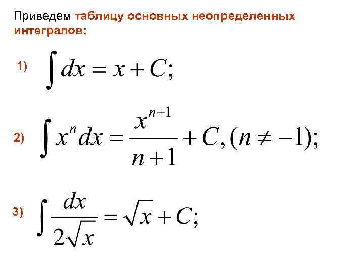 Приведем таблицу основных неопределенных интегралов: 1) 2) 3) 