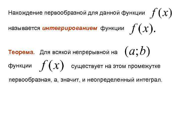 Нахождение первообразной для данной функции называется интегрированием функции Теорема. Для всякой непрерывной на функции