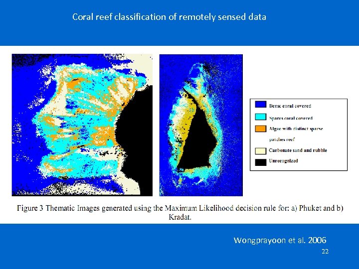 Coral reef classification of remotely sensed data Wongprayoon et al. 2006 22 