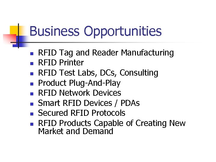 Business Opportunities n n n n RFID Tag and Reader Manufacturing RFID Printer RFID