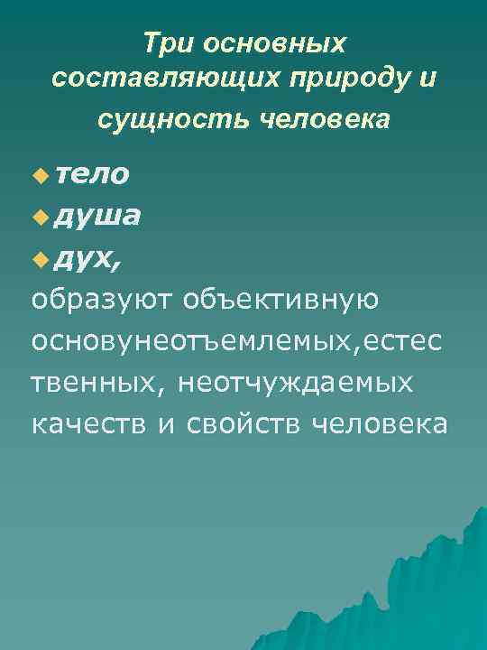 Три основных составляющих природу и сущность человека u тело u душа u дух, образуют