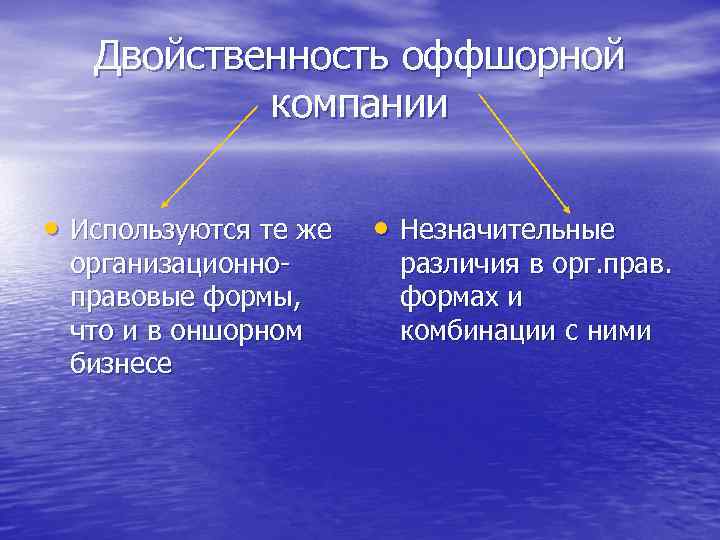Двойственность оффшорной компании • Используются те же организационноправовые формы, что и в оншорном бизнесе