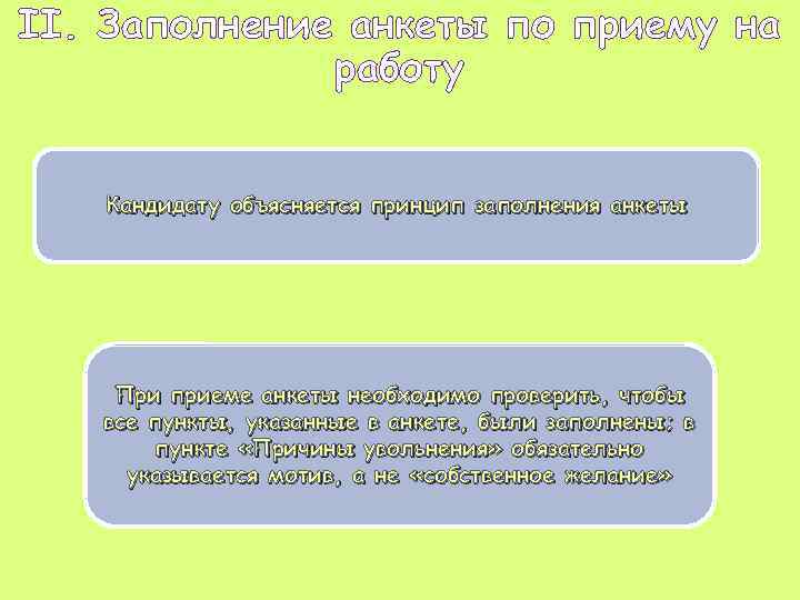 II. Заполнение анкеты по приему на работу Кандидату объясняется принцип заполнения анкеты При приеме