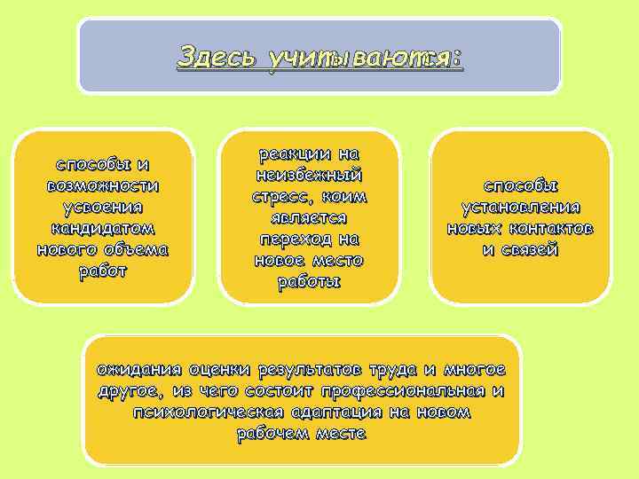 Здесь учитываются: способы и возможности усвоения кандидатом нового объема работ реакции на неизбежный стресс,