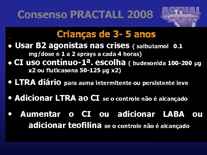 Consenso PRACTALL 2008 Crianças de 3 - 5 anos. • Usar B 2 agonistas