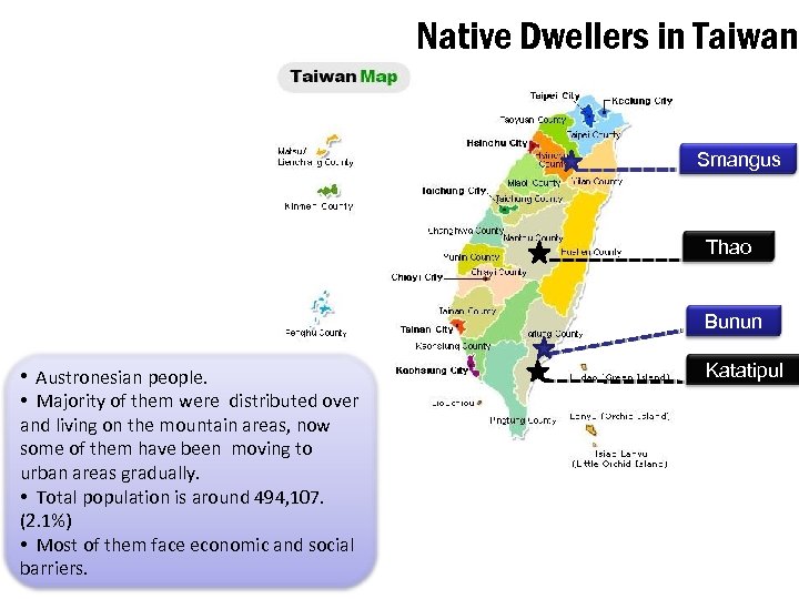 Native Dwellers in Taiwan Smangus Thao Bunun • Austronesian people. • Majority of them