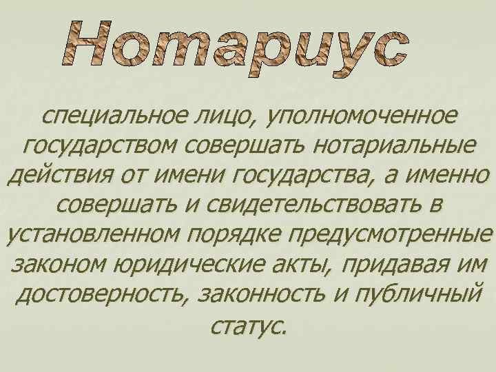 специальное лицо, уполномоченное государством совершать нотариальные действия от имени государства, а именно совершать и