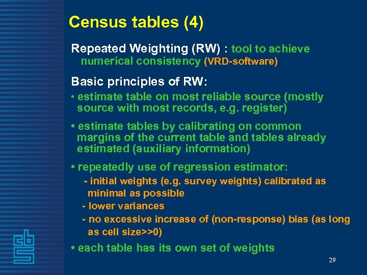 Census tables (4) Repeated Weighting (RW) : tool to achieve numerical consistency (VRD-software) Basic