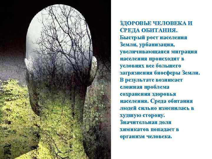 ЗДОРОВЬЕ ЧЕЛОВЕКА И СРЕДА ОБИТАНИЯ. Быстрый рост населения Земли, урбанизация, увеличивающаяся миграция населения происходит