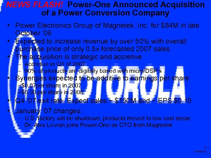 NEWS FLASH! Power-One Announced Acquisition of a Power Conversion Company • Power Electronics Group