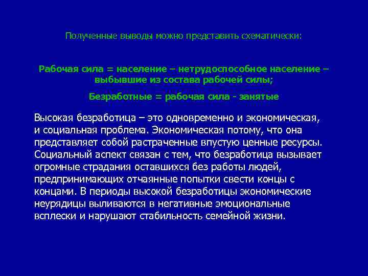 Полученные выводы можно представить схематически: Рабочая сила = население – нетрудоспособное население – выбывшие