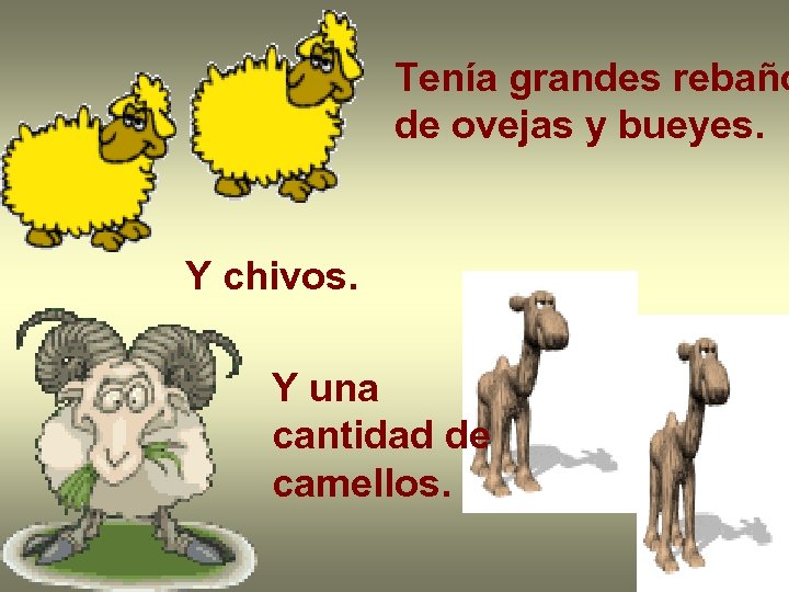 Tenía grandes rebaño de ovejas y bueyes. Y chivos. Y una cantidad de camellos.