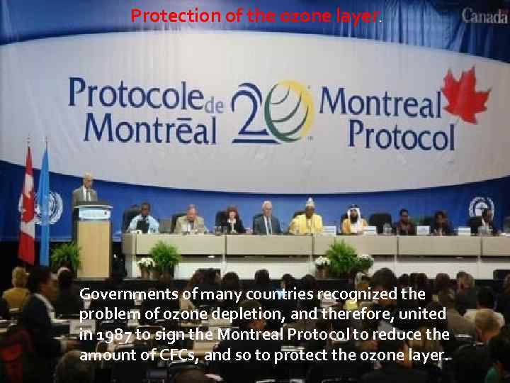 Protection of the ozone layer. Governments of many countries recognized the problem of ozone