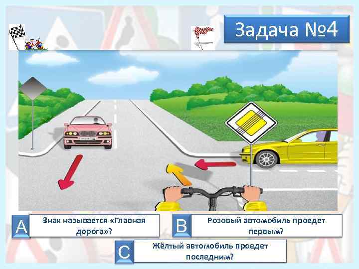 Задача № 4 А А Знак называется «Главная дорога» ? С В Розовый автомобиль