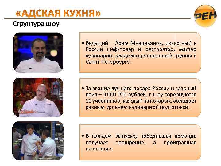 Структура шоу • Ведущий – Арам Мнацаканов, известный в России шеф-повар и ресторатор, мастер