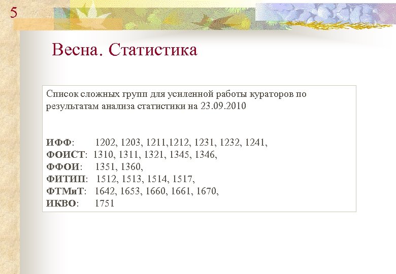 5 Весна. Статистика Список сложных групп для усиленной работы кураторов по результатам анализа статистики