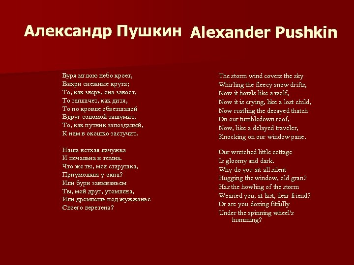 Александр Пушкин Alexander Pushkin Буря мглою небо кроет, Вихри снежные крутя; То, как зверь,