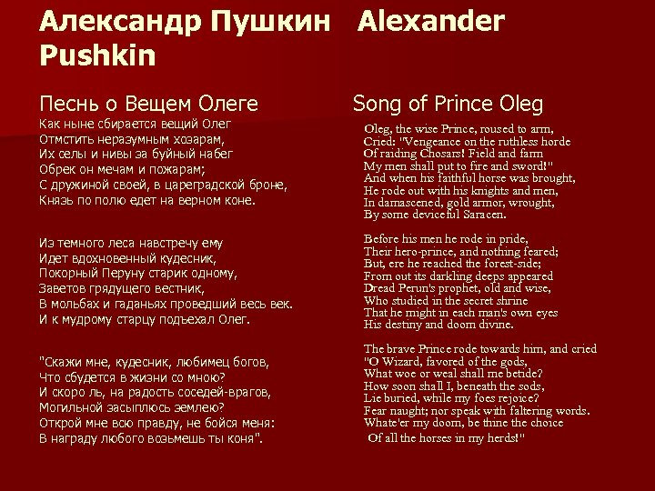 Александр Пушкин Alexander Pushkin Песнь о Вещем Олеге Как ныне сбирается вещий Олег Отмстить