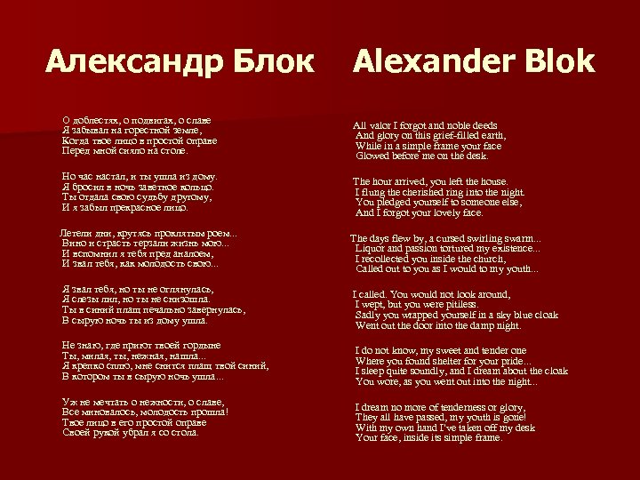 Александр Блок Alexander Blok О доблестях, о подвигах, о славе Я забывал на горестной