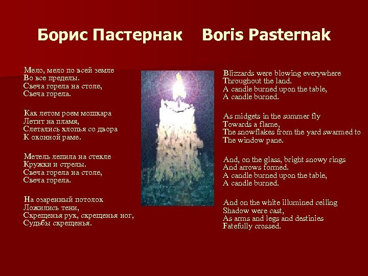 Борис Пастернак Мело, мело по всей земле Во все пределы. Свеча горела на столе,