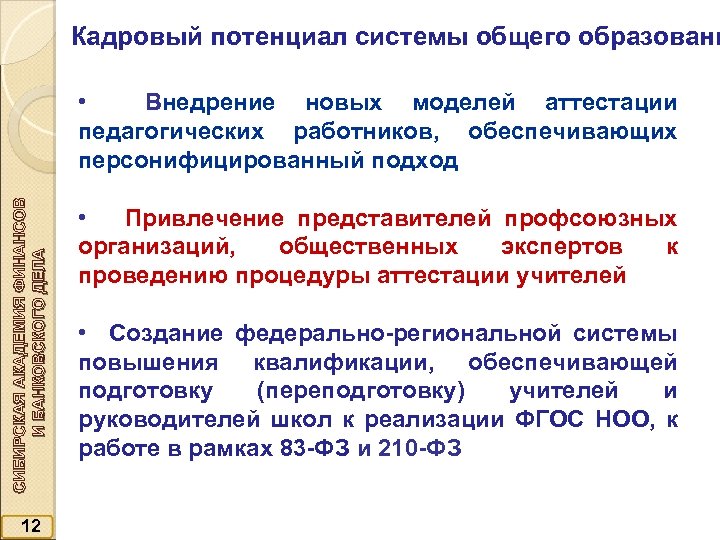 Кадровый потенциал системы общего образовани СИБИРСКАЯ АКАДЕМИЯ ФИНАНСОВ И БАНКОВСКОГО ДЕЛА • Внедрение новых