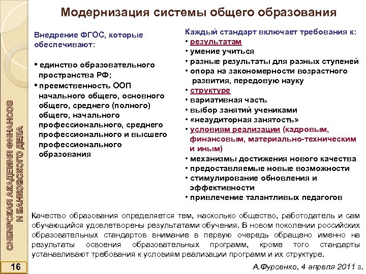 Модернизация системы общего образования Внедрение ФГОС, которые обеспечивают: СИБИРСКАЯ АКАДЕМИЯ ФИНАНСОВ И БАНКОВСКОГО ДЕЛА