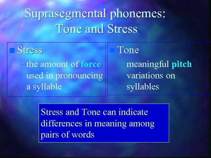 Suprasegmental phonemes: Tone and Stress n Stress – the amount of force used in