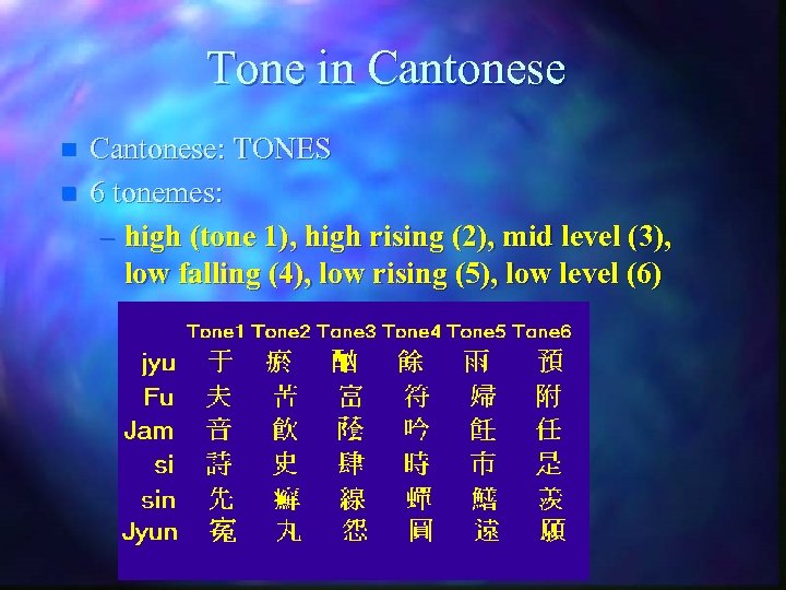 Tone in Cantonese n n Cantonese: TONES 6 tonemes: – high (tone 1), high