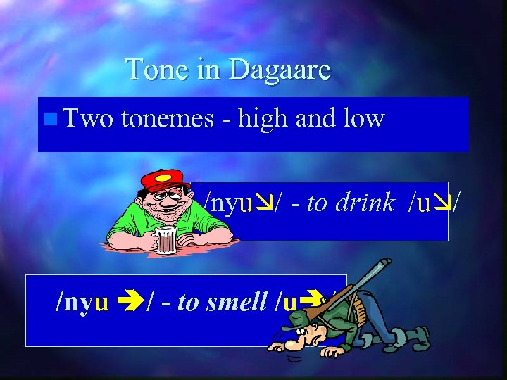 Tone in Dagaare n Two tonemes - high and low /nyu / - to