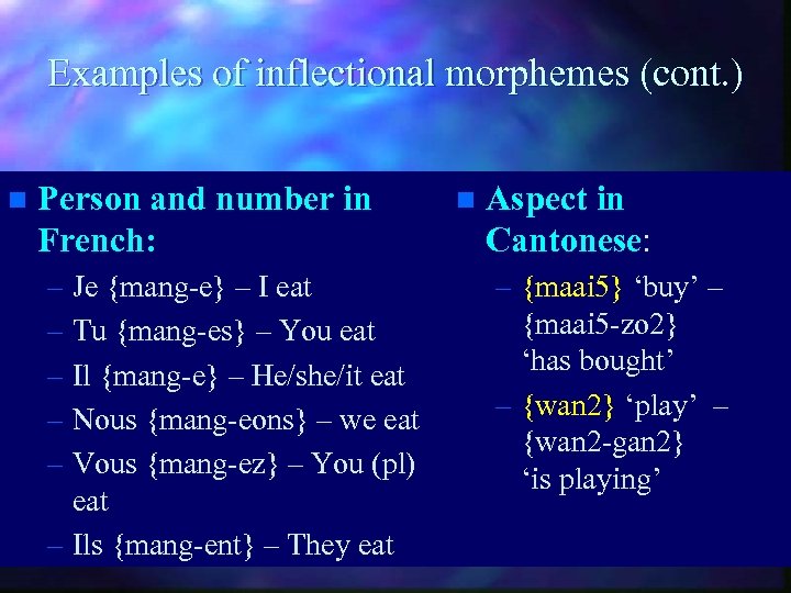 Examples of inflectional morphemes (cont. ) n Person and number in French: – Je