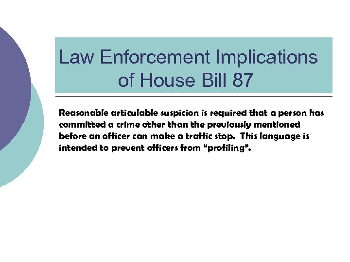 Law Enforcement Implications of House Bill 87 Reasonable articulable suspicion is required that a