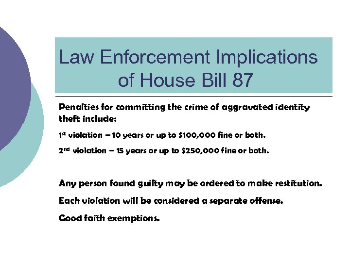 Law Enforcement Implications of House Bill 87 Bill